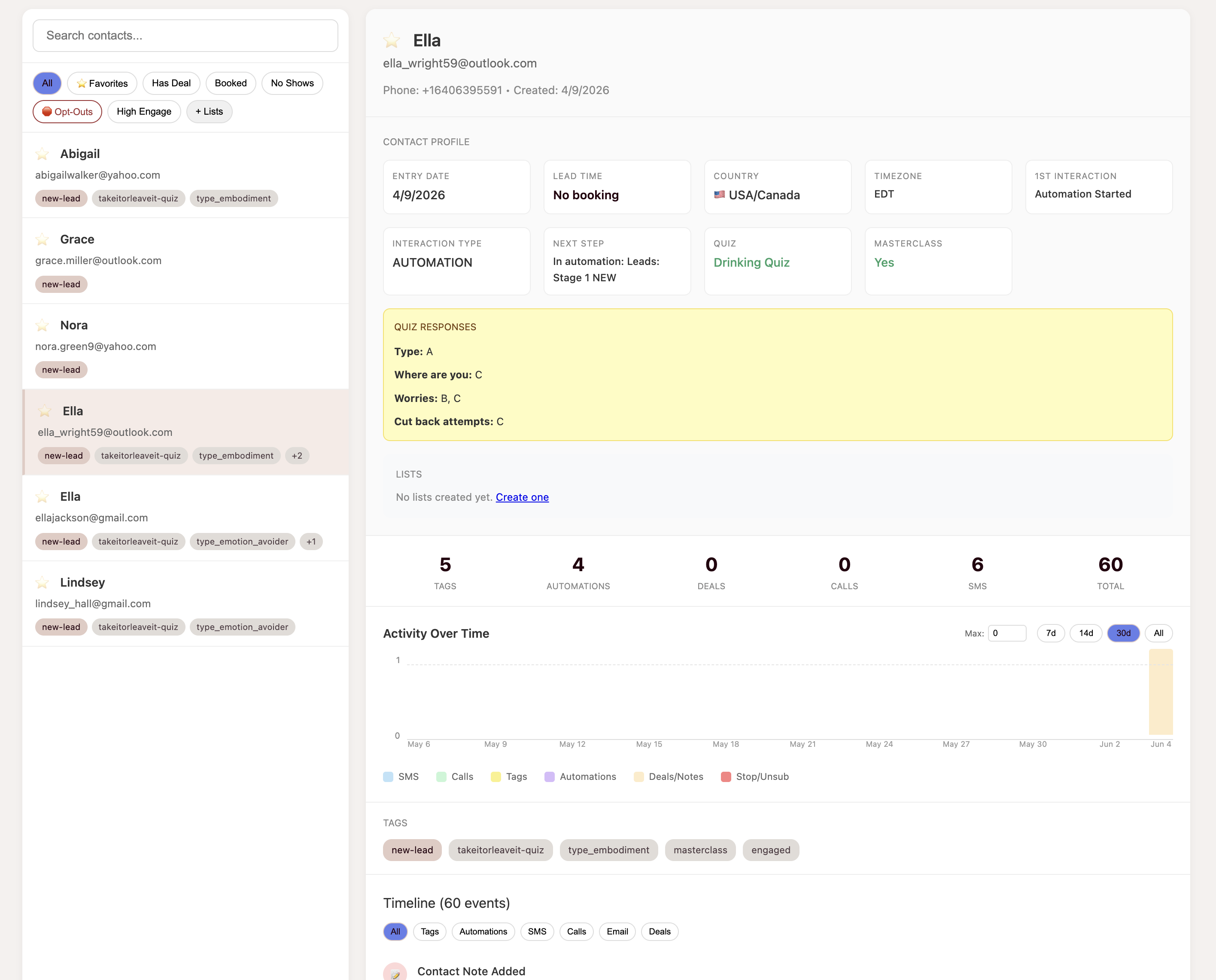 Prospect profile with contact details, quiz responses, tags, and activity timeline