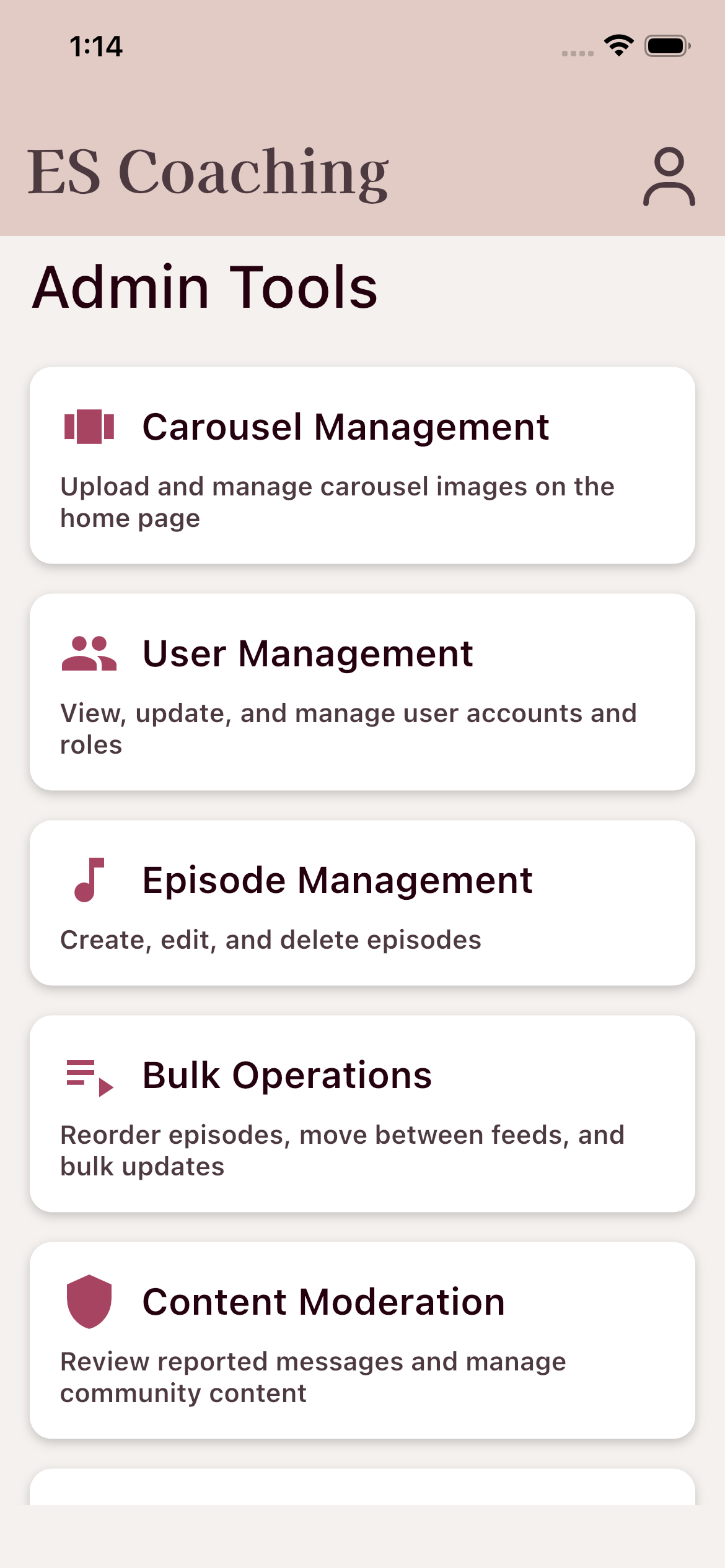 Admin Tools menu — Carousel, Users, Episodes, Bulk Operations, Content Moderation