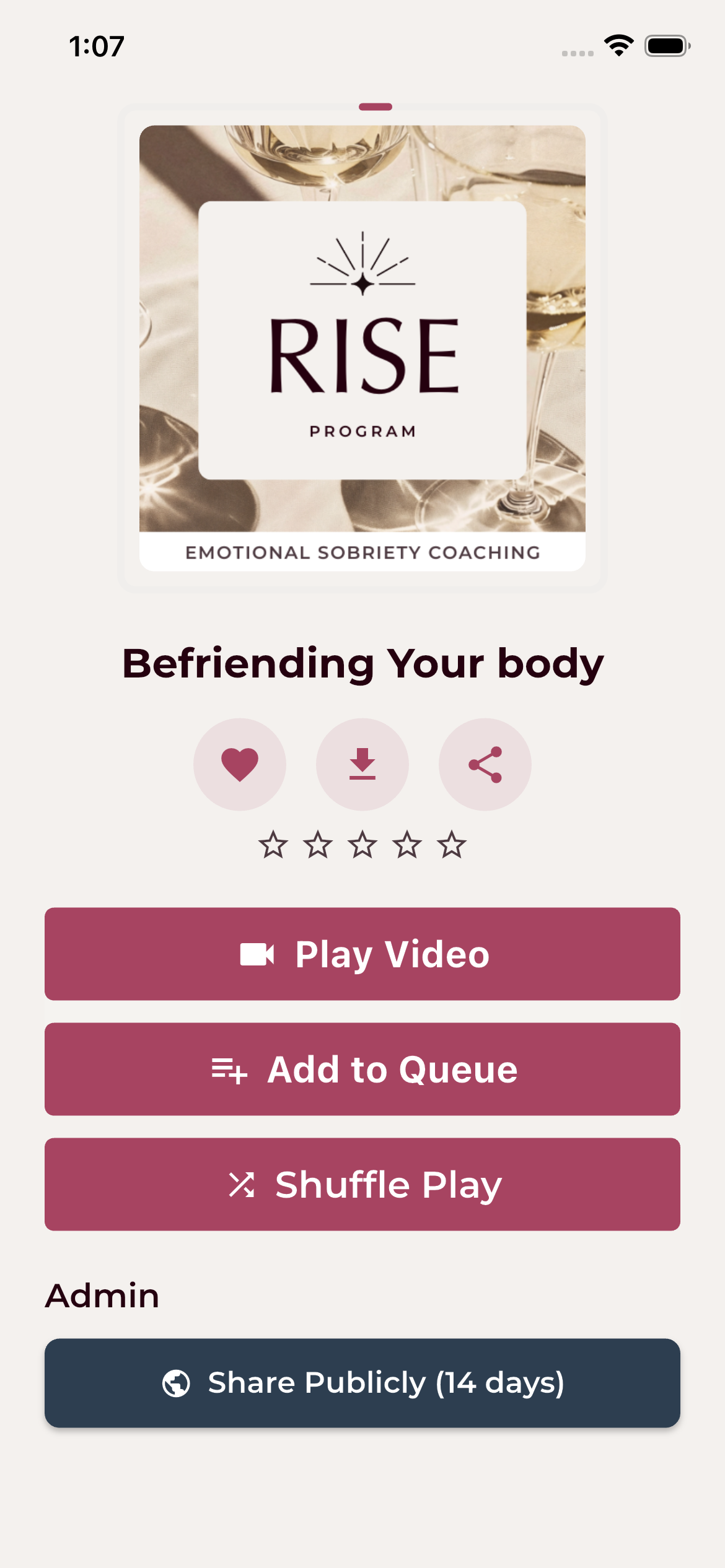 Episode detail screen with Play Video and admin Share Publicly button