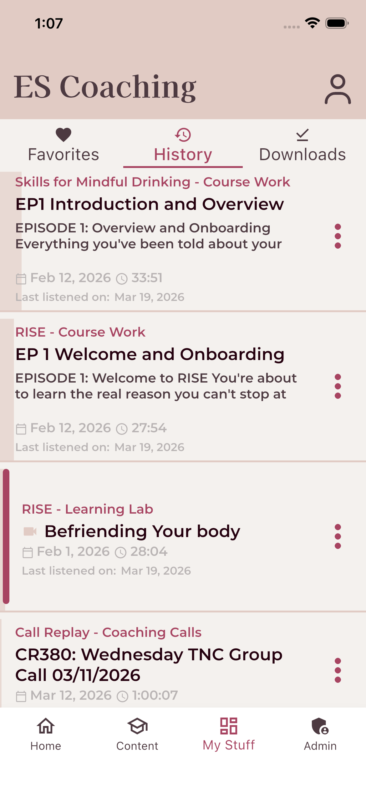 My Stuff History tab showing listened episodes across multiple programs