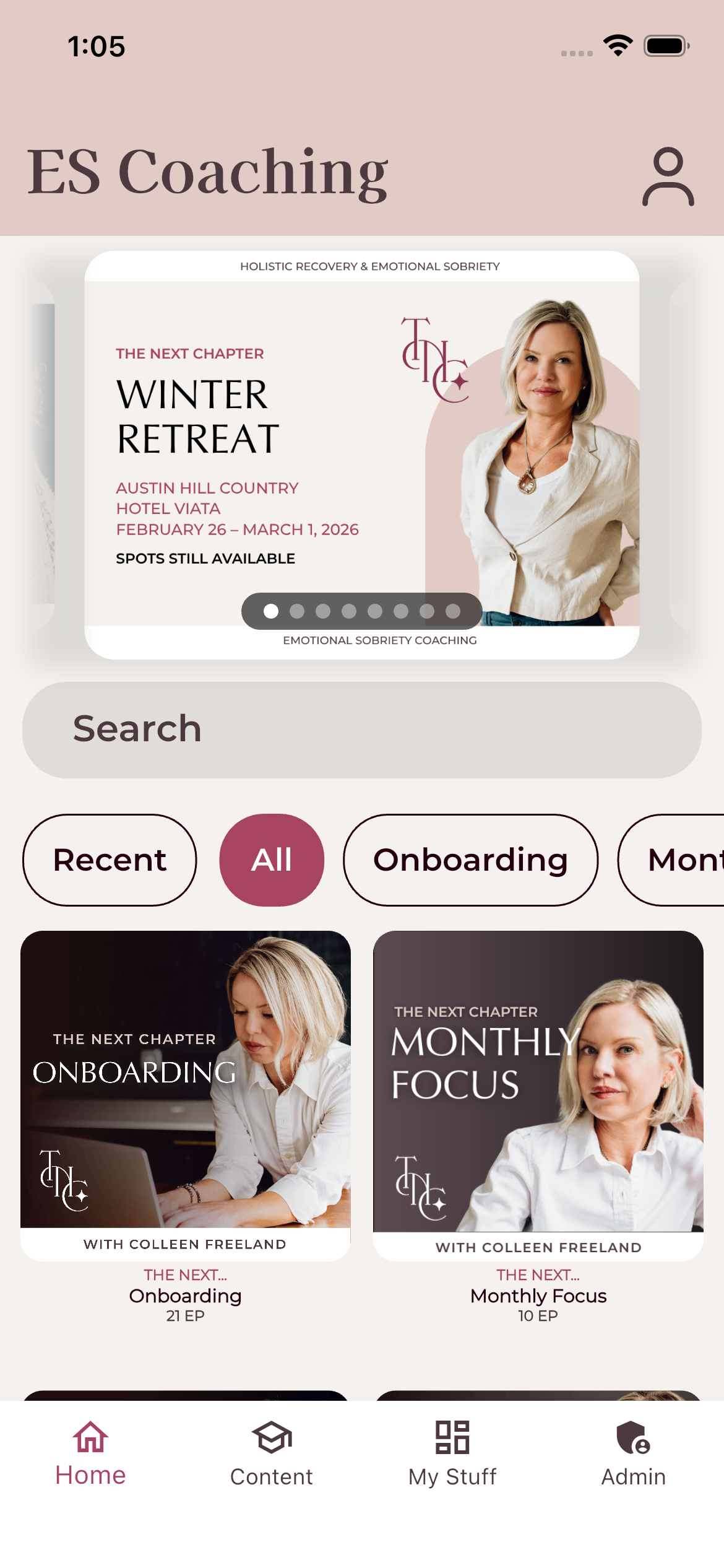 ESC Coaching app — home screen with retreat carousel and content sections