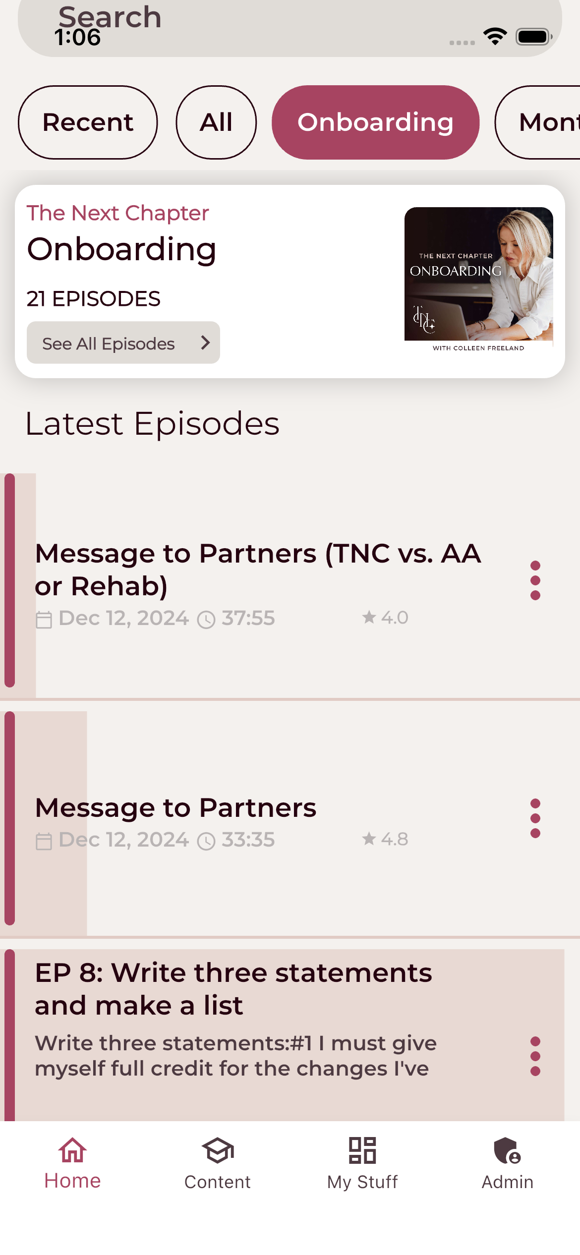 Onboarding feed with episode list and per-episode ratings