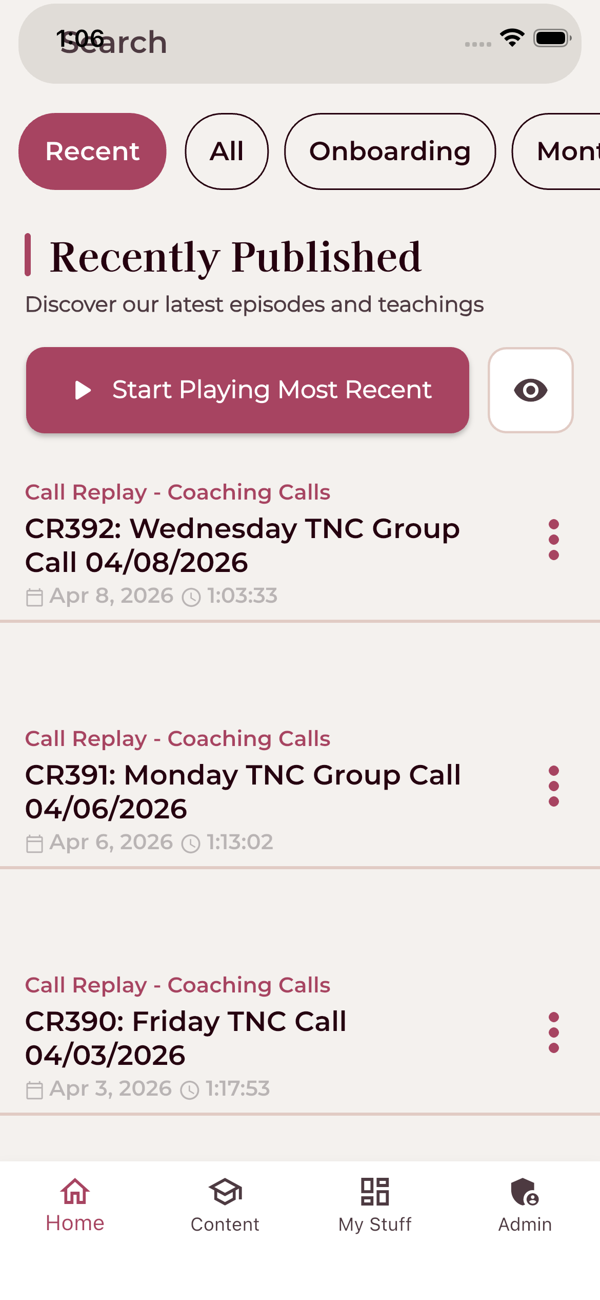 Recently Published feed with coaching call replays