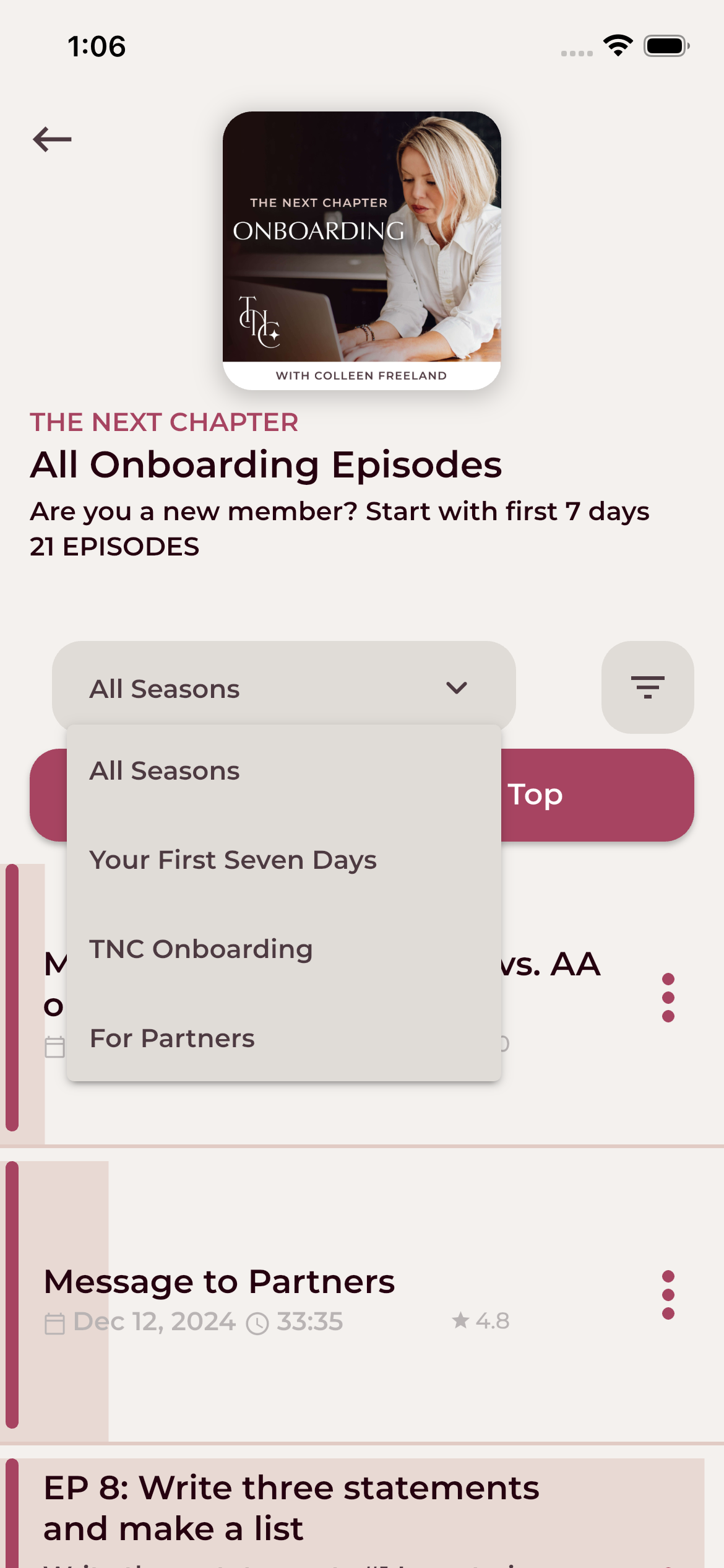 All Onboarding Episodes view with season filter dropdown